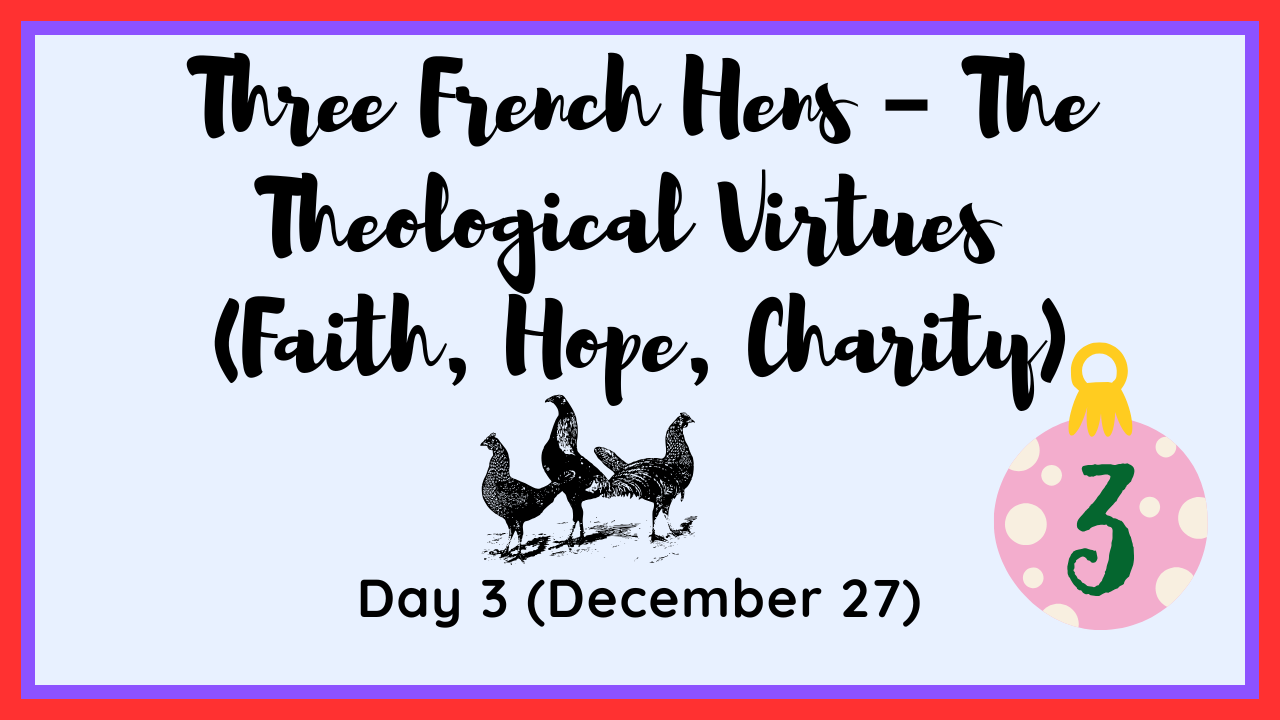 Festive illustration of three French hens from the Twelve Days of Christmas